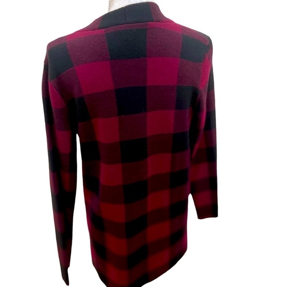 Talbots pure merino wool red/black plaid open front cardigan size medium petite - Picture 6 of 8